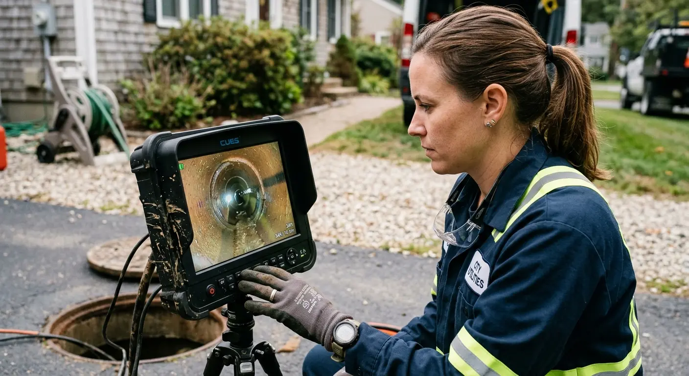 Technician reviewing sewer camera inspection footage in Weslaco