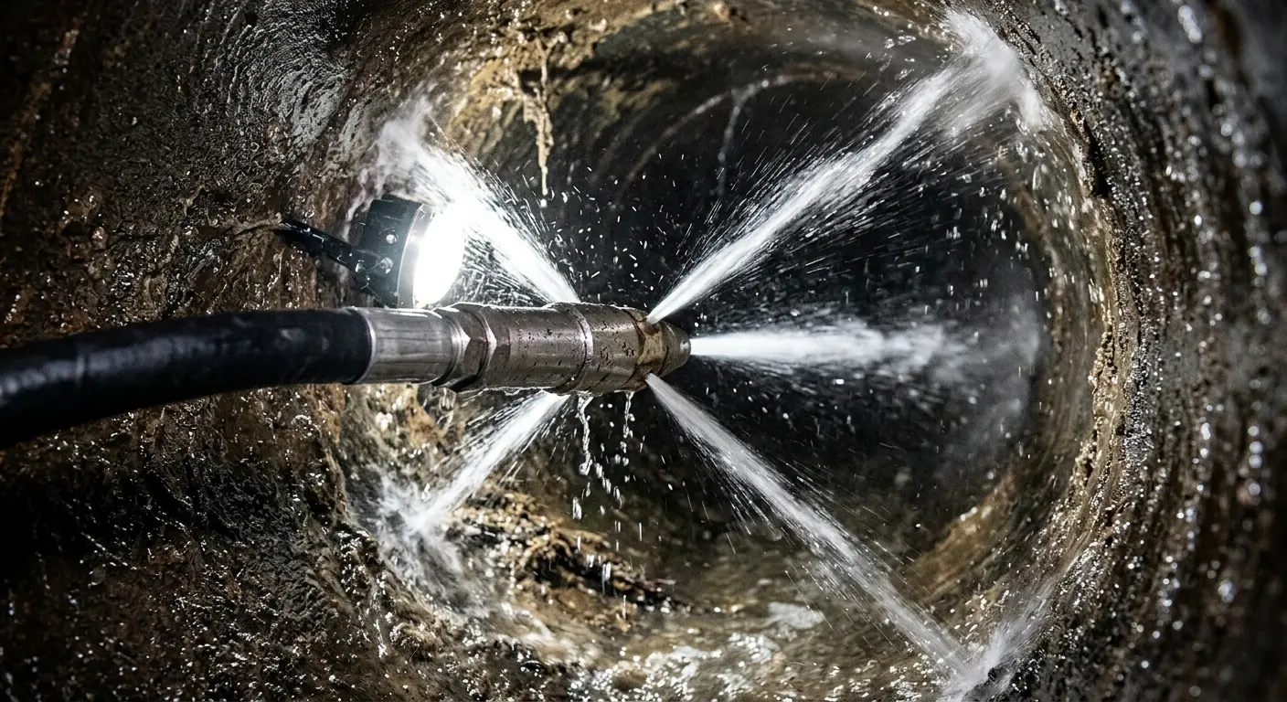 High-pressure hydro jetting nozzle cleaning sewer pipe for Sewer Cleanout in Weslaco