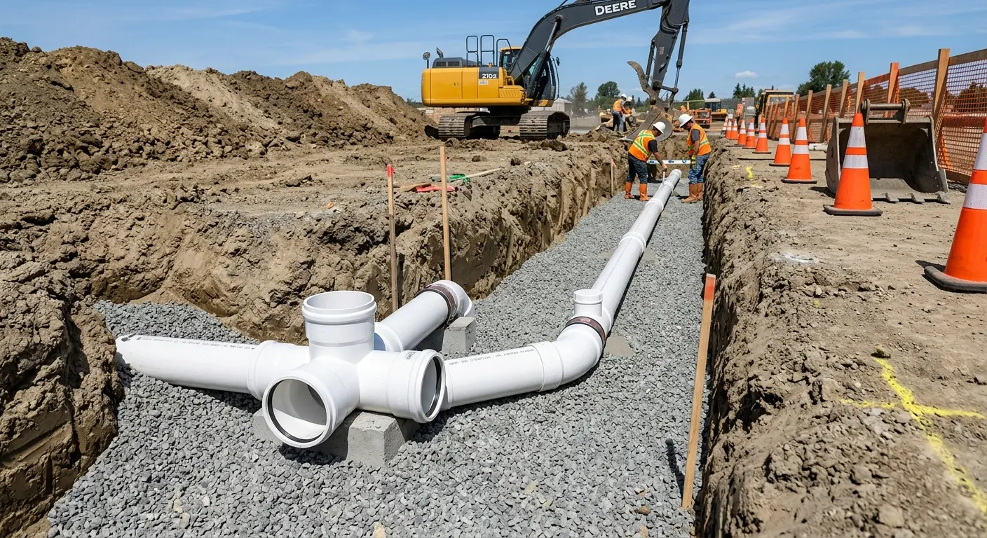 New PVC sewer pipe installation in open trench for Commercial Drain Cleaning in Weslaco