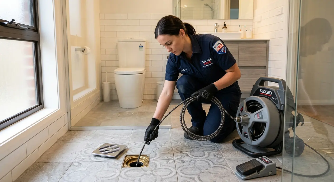 Technician clearing a bathroom floor drain for Hydro Jetting in Weslaco